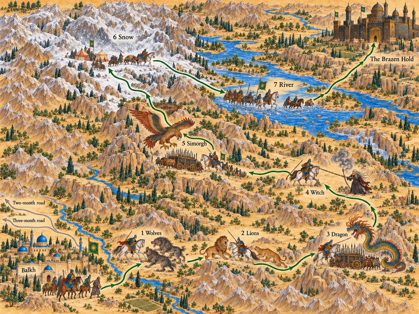 Map: Esfandiyar’s seven stages from Balkh to the Brazen Hold