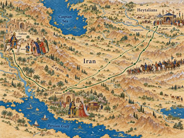 Map: Qobad's Flight to the Hephthalites and Return