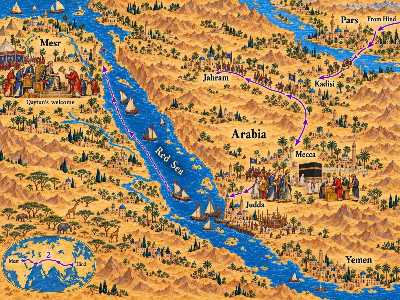Map: The pilgrimage to Mecca and the crossing to Mesr