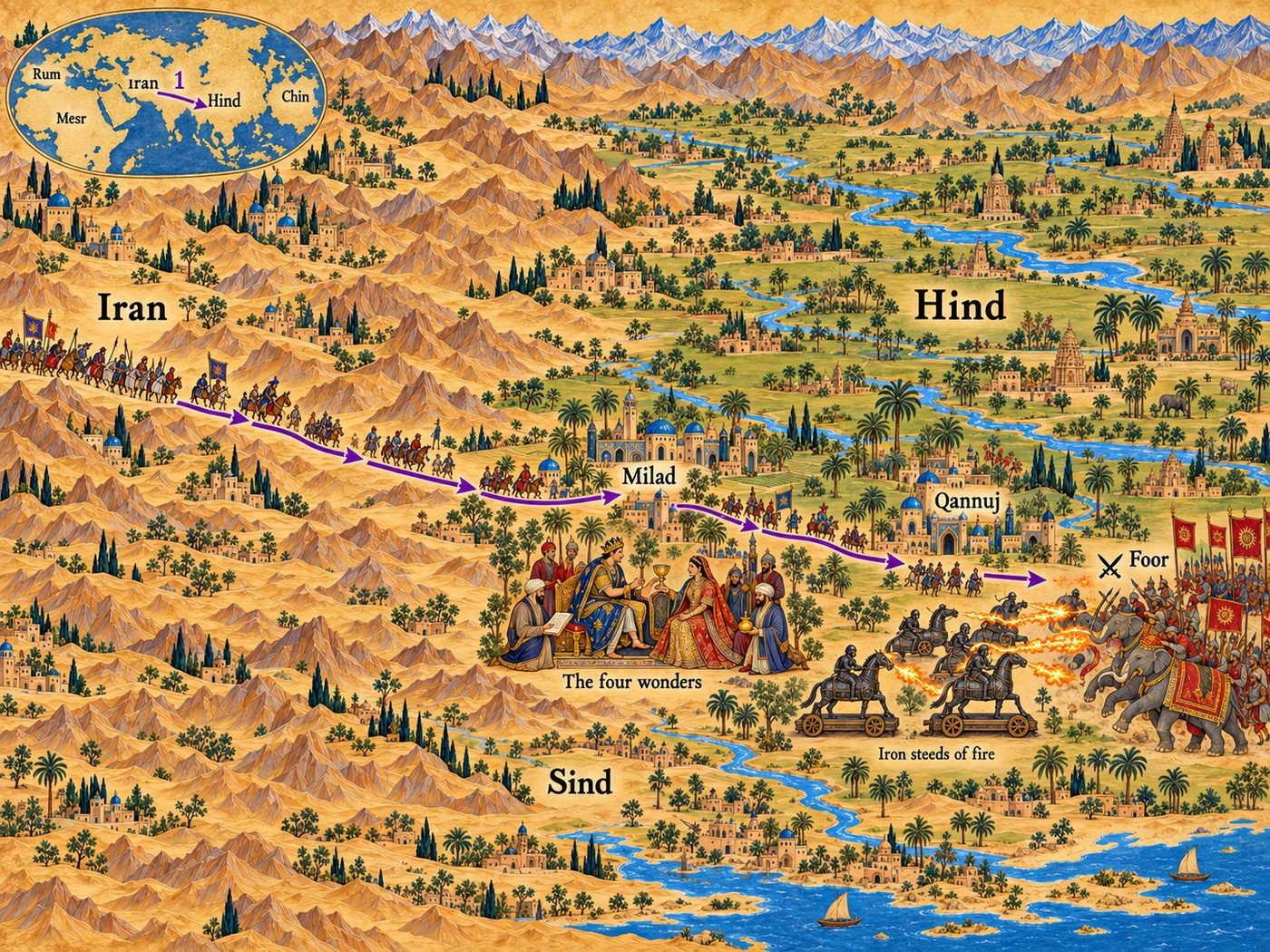 Map: Iskandar in Hind: Kayd’s four wonders and the war with Foor