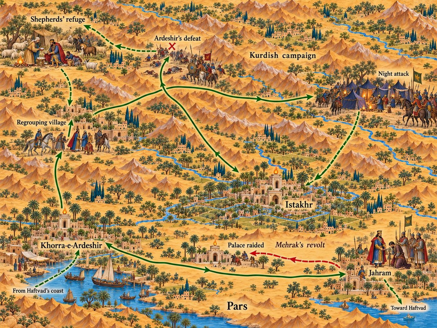 Map: Ardeshir’s wars with the Kurds and the revolt of Mehrak of Jahram