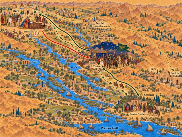 Map: Shapur Zul-Aktaf in Rum: Captivity and Revenge