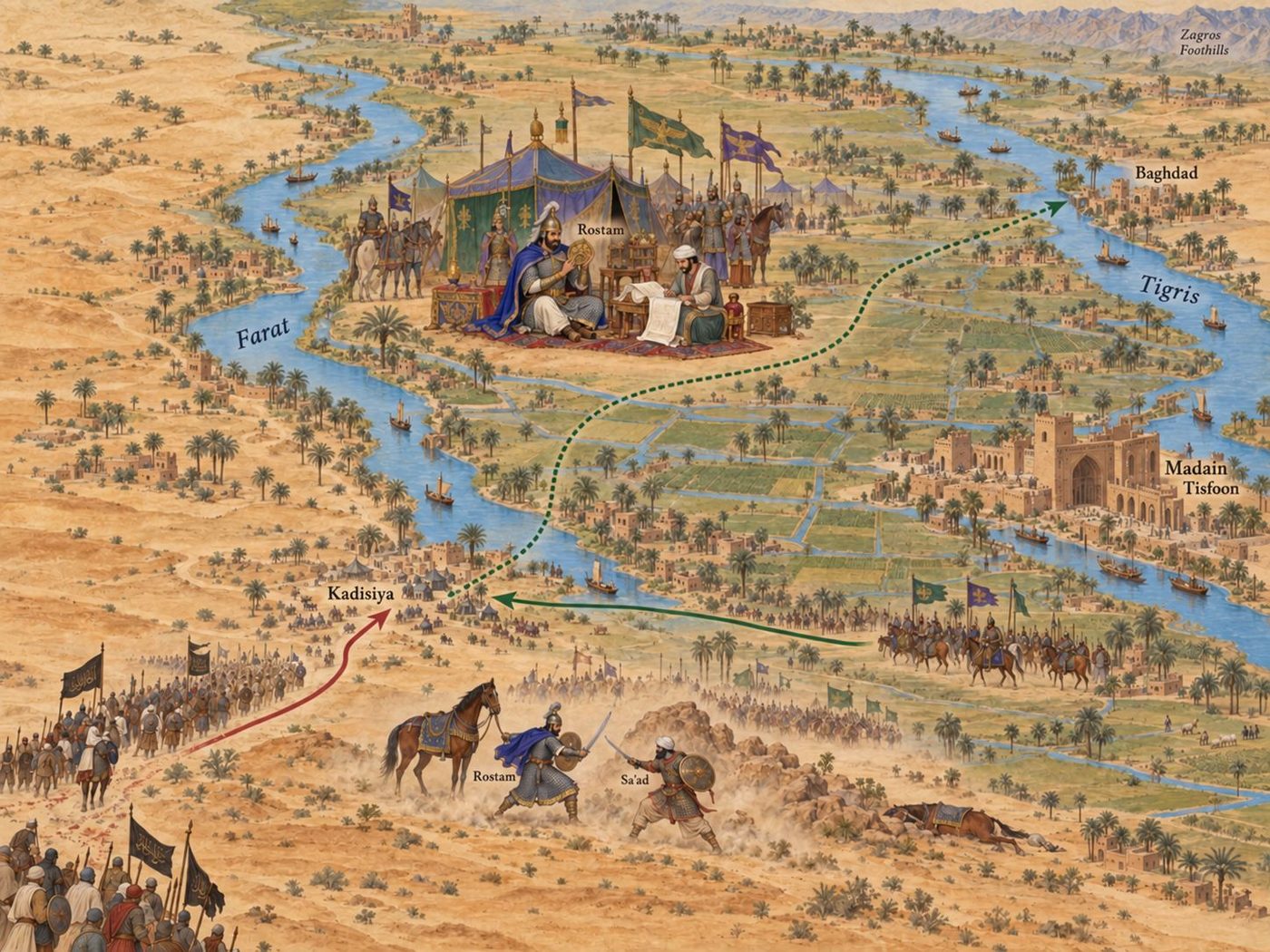 Map: The Arab invasion and the battle of Qadisiyya