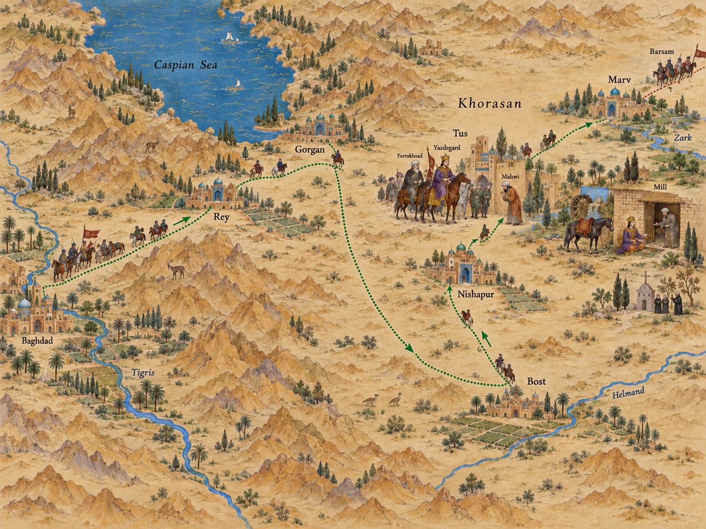 Map: The last flight of Yazdegard, from Baghdad to the mill at Marv