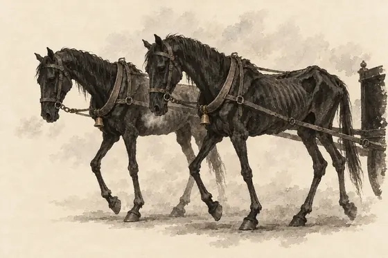 The two black hearse horses, from The Blind Owl: ink-and-wash drawing