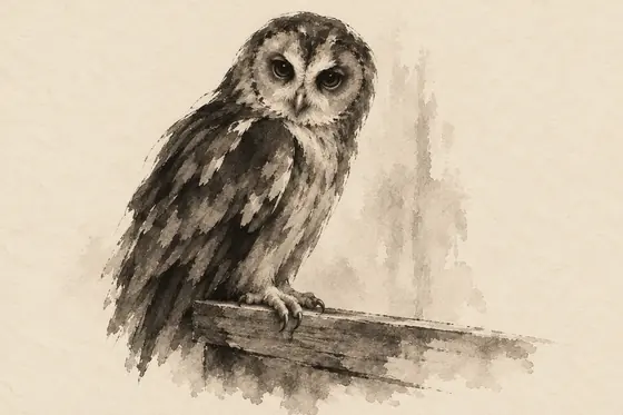 The owl, from The Blind Owl: ink-and-wash drawing