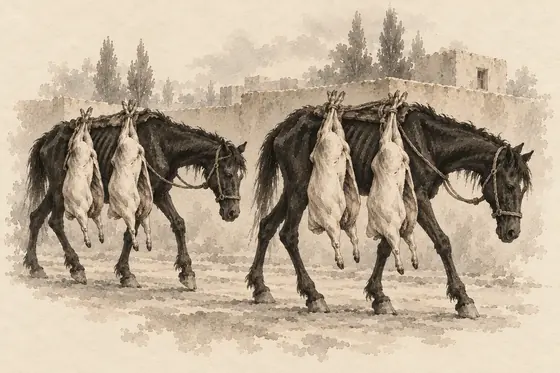 The butcher's two black packhorses, from The Blind Owl: ink-and-wash drawing