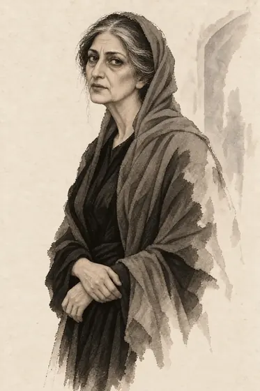 The aunt (mother-in-law), from The Blind Owl: ink-and-wash drawing