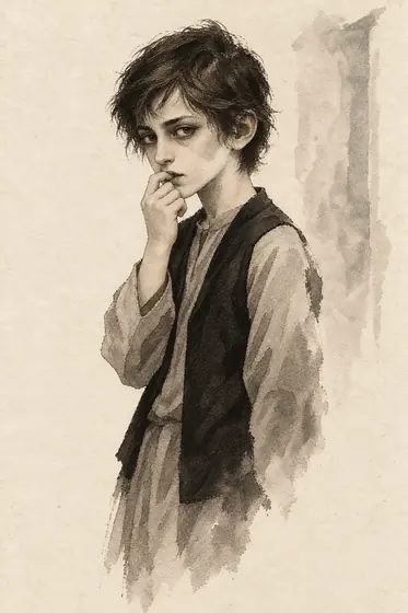 The wife’s little brother, from The Blind Owl: ink-and-wash drawing