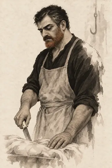 The butcher, from The Blind Owl: ink-and-wash drawing