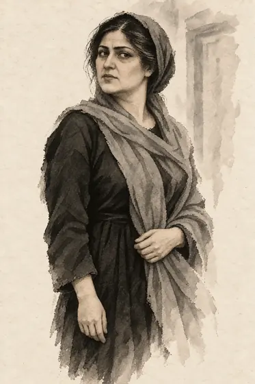 The butcher's wife, from The Blind Owl: ink-and-wash drawing