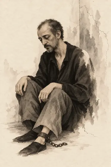 The chained madman (former occupant of the room), from The Blind Owl: ink-and-wash drawing