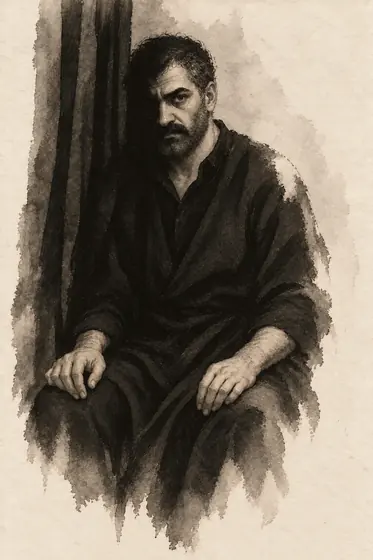 The frightening figure (the double), from The Blind Owl: ink-and-wash drawing