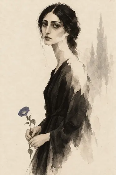 The ethereal girl, from The Blind Owl: ink-and-wash drawing