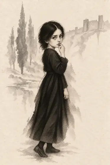 The little girl in black at the fortress, from The Blind Owl: ink-and-wash drawing