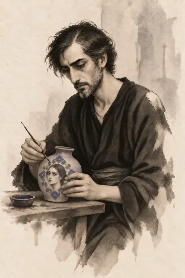 The ancient painter of the jar, from The Blind Owl: ink-and-wash drawing