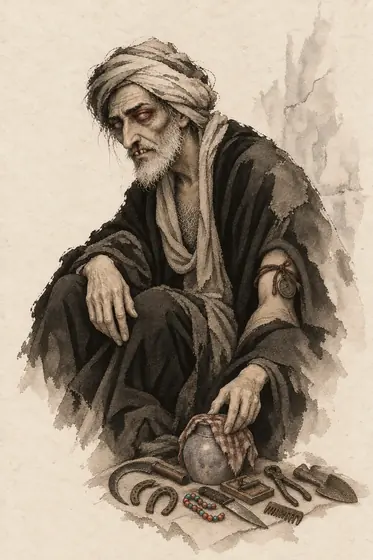 The old junk dealer, from The Blind Owl: ink-and-wash drawing