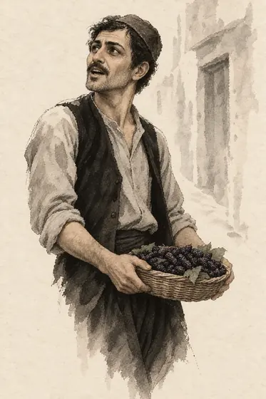 The mulberry seller, from The Blind Owl: ink-and-wash drawing