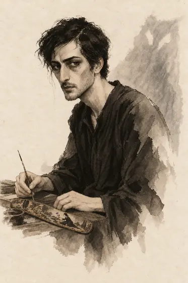 The narrator, from The Blind Owl: ink-and-wash drawing