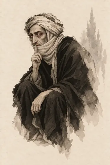 The hunchbacked old man, from The Blind Owl: ink-and-wash drawing