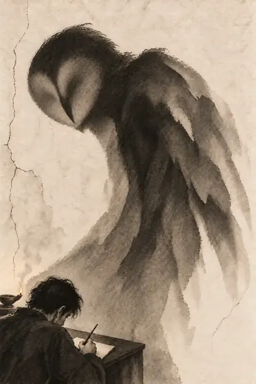 The narrator’s shadow, from The Blind Owl: ink-and-wash drawing