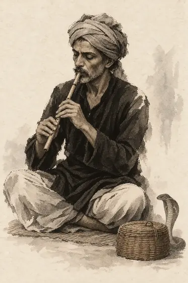 The snake-charmer, from The Blind Owl: ink-and-wash drawing