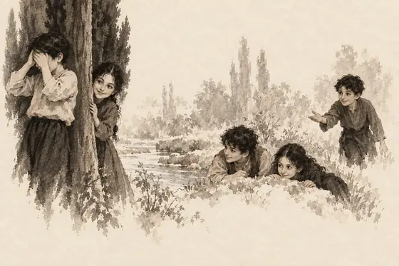 The other children at Sizdah Bedar, from The Blind Owl: ink-and-wash drawing
