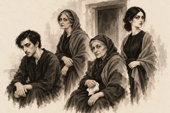 The household, from The Blind Owl: ink-and-wash drawing