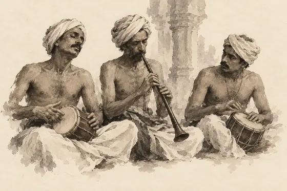 The temple musicians, from The Blind Owl: ink-and-wash drawing