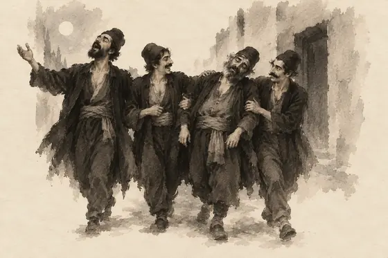 The drunken night watchmen (gazmeh), from The Blind Owl: ink-and-wash drawing