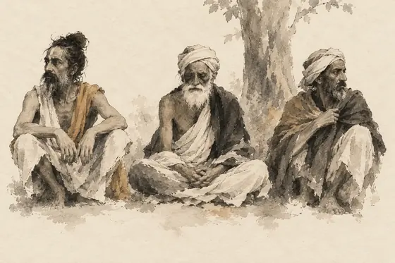 The yogis of India, from The Blind Owl: ink-and-wash drawing