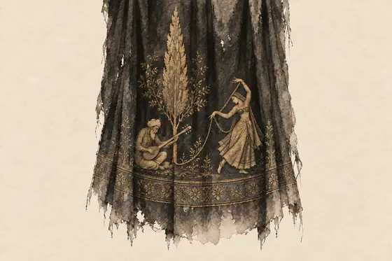 The embroidered Indian curtain, from The Blind Owl: ink-and-wash drawing