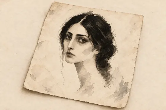 The narrator's drawing of the girl, from The Blind Owl: ink-and-wash drawing