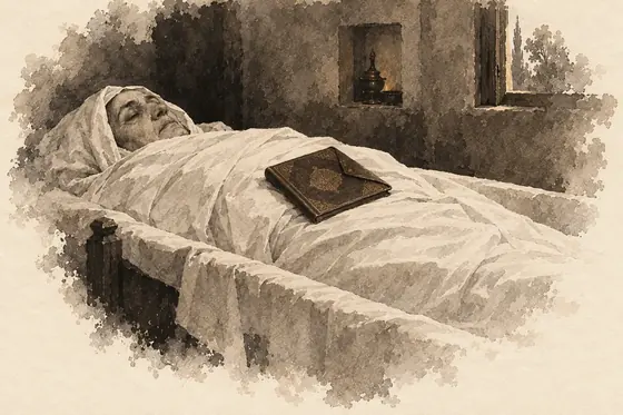 The Quran on the corpse, from The Blind Owl: ink-and-wash drawing