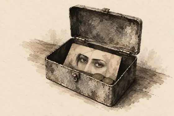 The tin money box, from The Blind Owl: ink-and-wash drawing