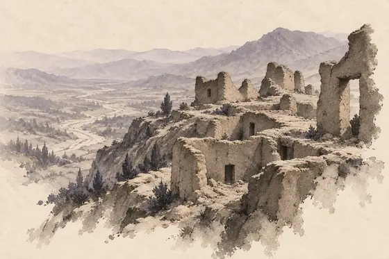 The ancient ruins on the mountain ridge, from The Blind Owl: ink-and-wash drawing