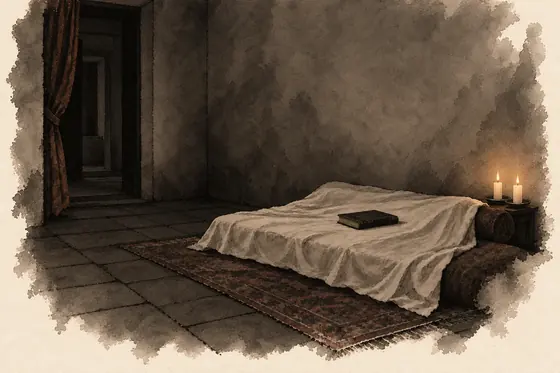 The dead aunt's room (the adjoining room), from The Blind Owl: ink-and-wash drawing