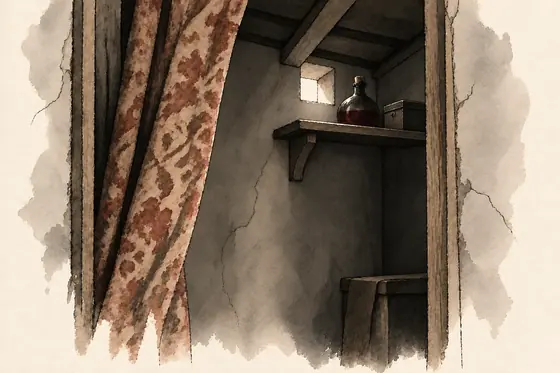 The back closet of his room, from The Blind Owl: ink-and-wash drawing