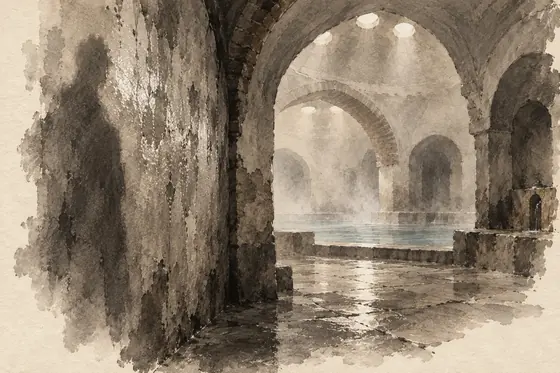 The bathhouse, from The Blind Owl: ink-and-wash drawing
