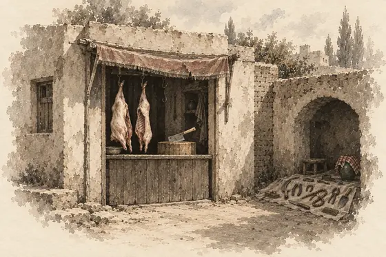 The butcher’s shop, from The Blind Owl: ink-and-wash drawing