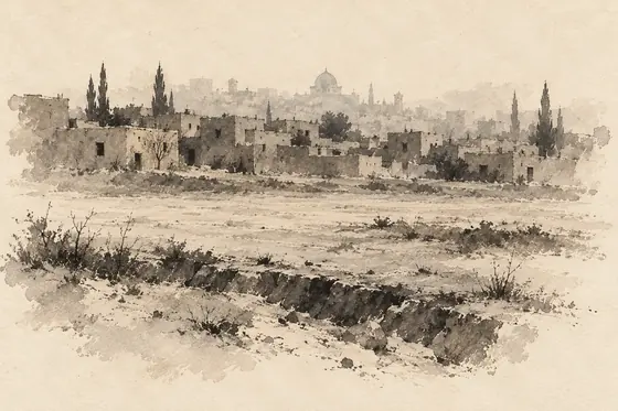 The city, from The Blind Owl: ink-and-wash drawing