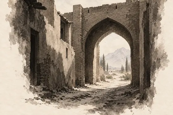 The city gate, from The Blind Owl: ink-and-wash drawing