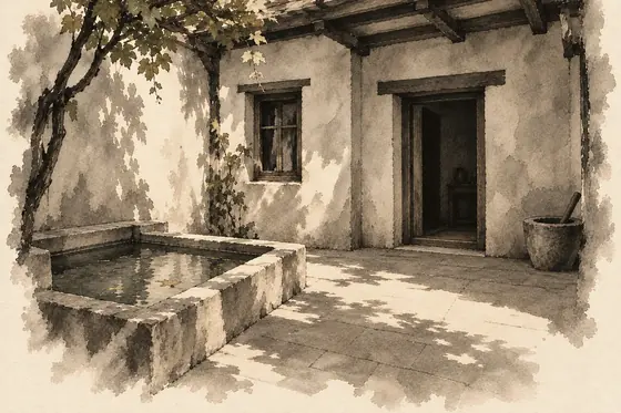 The courtyard of the house, from The Blind Owl: ink-and-wash drawing