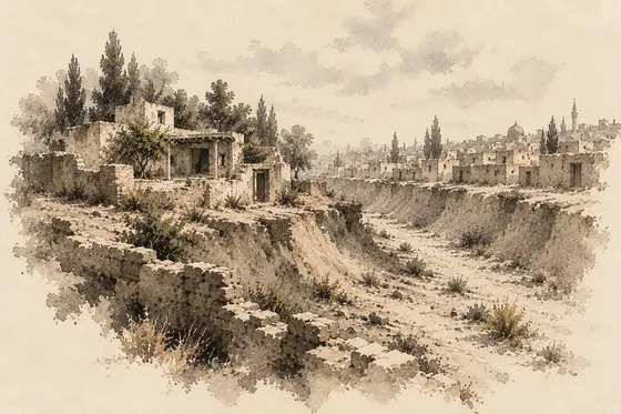 The ditch (moat), from The Blind Owl: ink-and-wash drawing