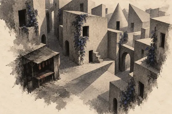 The unknown dream city, from The Blind Owl: ink-and-wash drawing