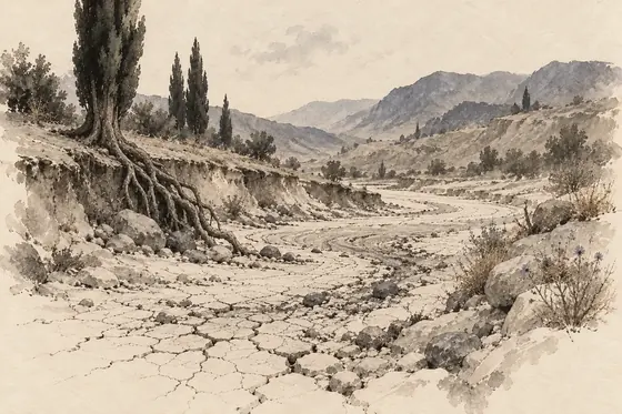 The dry river by the grave, from The Blind Owl: ink-and-wash drawing