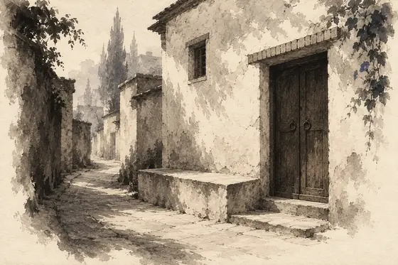 The father-in-law's house, from The Blind Owl: ink-and-wash drawing