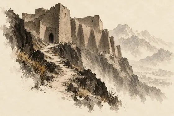 The mountain fortress, from The Blind Owl: ink-and-wash drawing