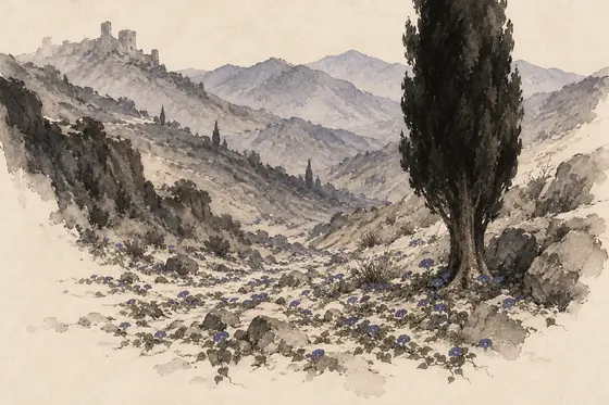 The grave by the dry river, from The Blind Owl: ink-and-wash drawing