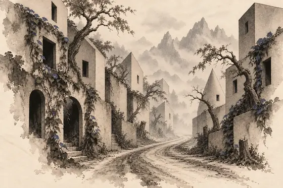 The road of the strange houses, from The Blind Owl: ink-and-wash drawing